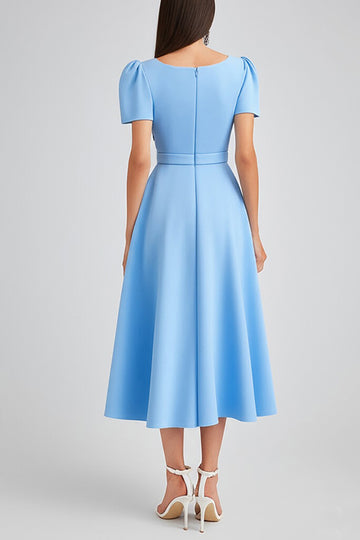 Sky Blue A Line Square Neck Work Dress with Belt